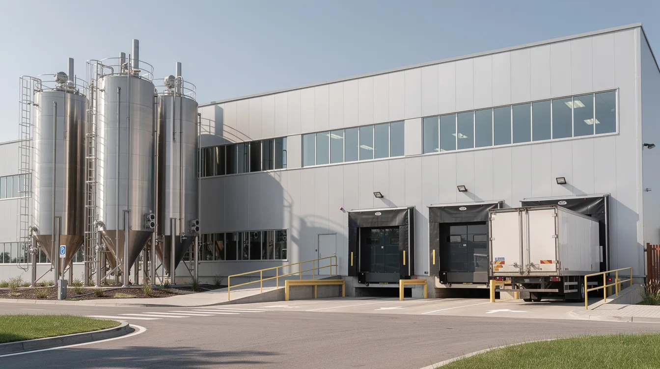 2c4530ce ae29 4611 893b 5b70eac86ca5 The image shows the exterior of a medium-scale food processing factory, featuring a loading area and large storage tanks, which are essential for managing the production capacity of various cereals like puffed rice and parboiled rice. This facility is designed for efficient manufacturing, ensuring compliance with quality parameters and facilitating easy installation of machinery such as murmura making machines.