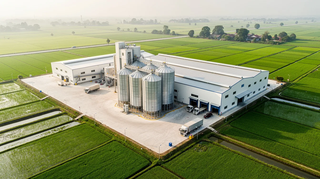 An aerial view showcases a modern rice mill surrounded by lush green paddy fields, featuring large storage silos and a loading area, highlighting the facility's role in rice processing and its significance in the agricultural business. This image emphasizes the operational aspects of a rice mill project, including aspects like production capacity and market demand.