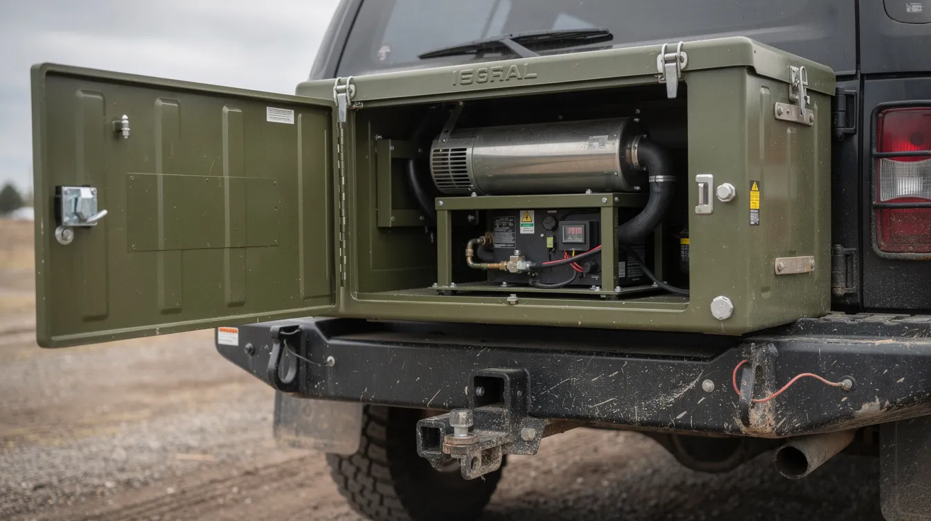 A portable diesel heater is securely mounted in a metal ammo box on the rear bumper of a vehicle, ready to provide efficient warmth for camping trips during colder months. This compact heating solution is designed for outdoor enthusiasts, ensuring they stay warm and comfortable while enjoying fresh air in their rooftop tent.