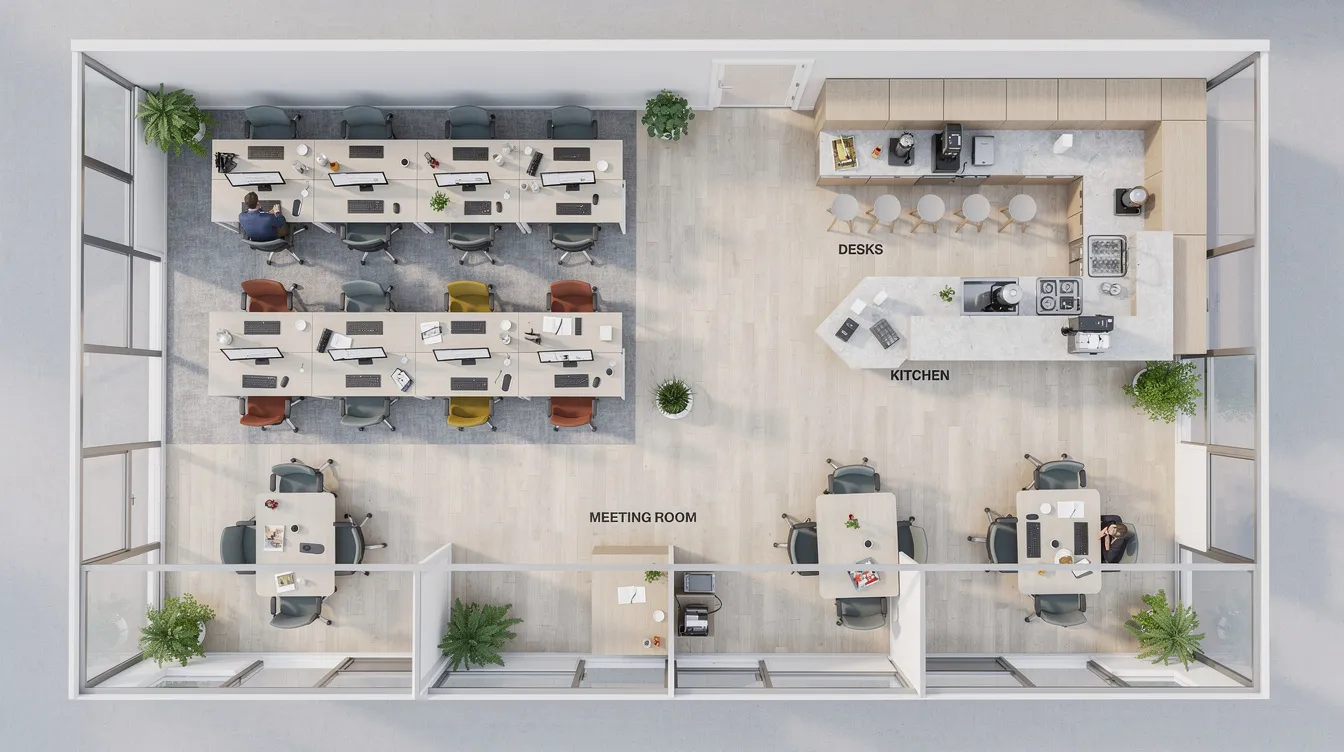 An overhead view of a modern office space showcases various zones, including dedicated desks, a kitchen area, and glass-walled meeting rooms designed for collaboration among growing teams. This ideal startup office layout emphasizes shared spaces and encourages a strong sense of community among entrepreneurs.