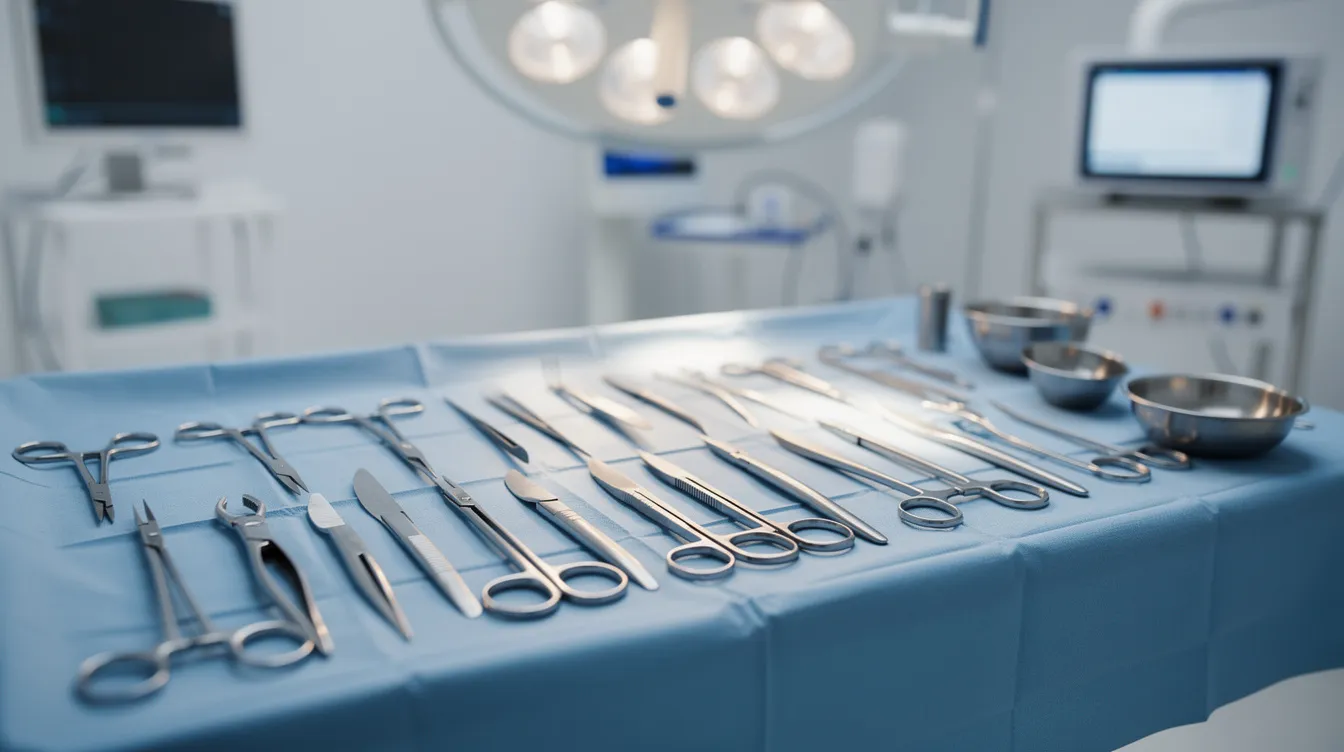 The image shows a sterile arrangement of surgical instruments on a draped table in an operating room, ready for procedures such as tuberous breast correction surgery. The tools reflect the precision and care involved in cosmetic and reconstructive breast surgery to enhance breast shape and volume.
