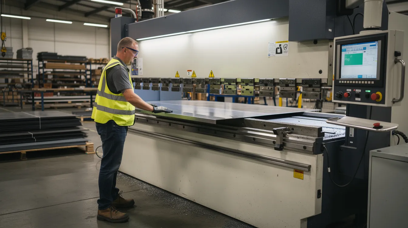 A CNC press brake operator is carefully positioning a sheet metal part against backgauges on a factory floor, preparing for a bending operation that will achieve a desired bend angle. The scene highlights the precision involved in the metal bending process, where the operator ensures the material's thickness and bend radius meet specifications for accurate fabrication.