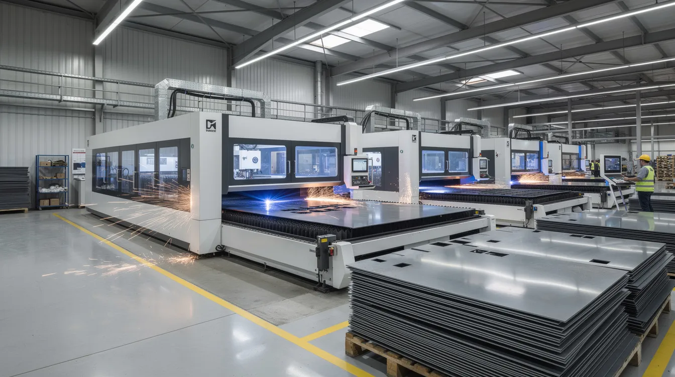 The image depicts a modern factory floor bustling with activity, featuring advanced fiber laser cutting machines that are efficiently processing flat metal sheets for custom sheet metal fabrication. The environment showcases the precision and quality associated with the sheet metal fabrication process, highlighting the importance of manufacturing processes in producing various metal parts.