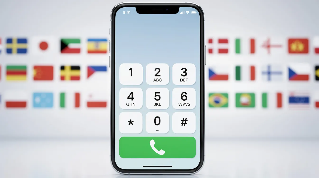 The image shows a smartphone screen featuring a phone keypad, with various country flag icons in the background, symbolizing international dialing and connectivity. This visual representation emphasizes the importance of country codes for making international calls to stay connected with friends and family across the world, including Estonia.