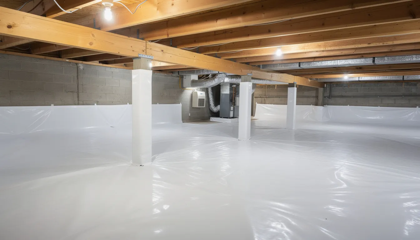 The image depicts a clean, encapsulated crawlspace with white-lined sealed walls and floor, promoting better indoor air quality by preventing mold growth and airborne particles. This well-maintained space is crucial for maintaining fresh air and preventing poor air quality in the home.