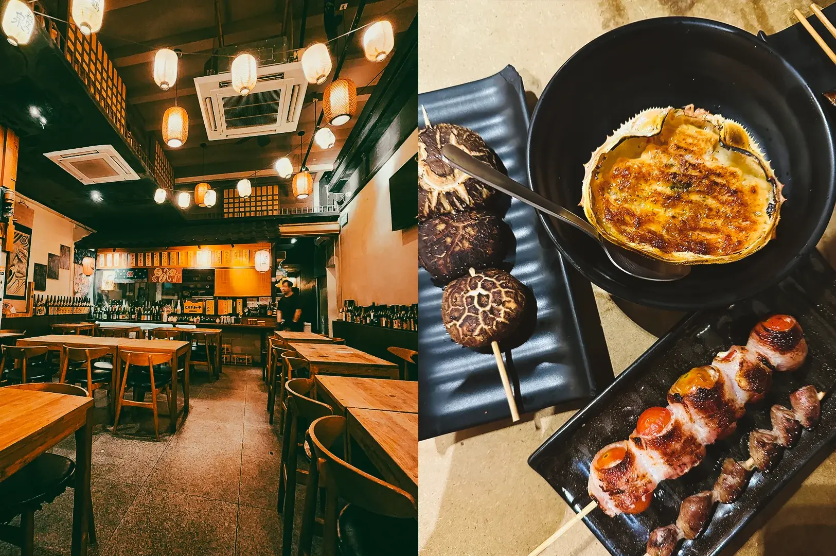 Left: Wide‑angle, eye‑level interior shot of a Japanese izakaya dining room with rows of wooden tables and chairs, warm amber pendant lanterns hanging from a dark ceiling, exposed beams, wall art, and a bar counter lined with bottles, creating a cozy after‑work dining atmosphere. Right: Top‑down close‑up of assorted izakaya dishes on a tabletop, including grilled seafood in a shell, skewered mushrooms, and bacon‑wrapped skewers on dark ceramic plates, with glossy sauces and textured char marks under warm lighting.