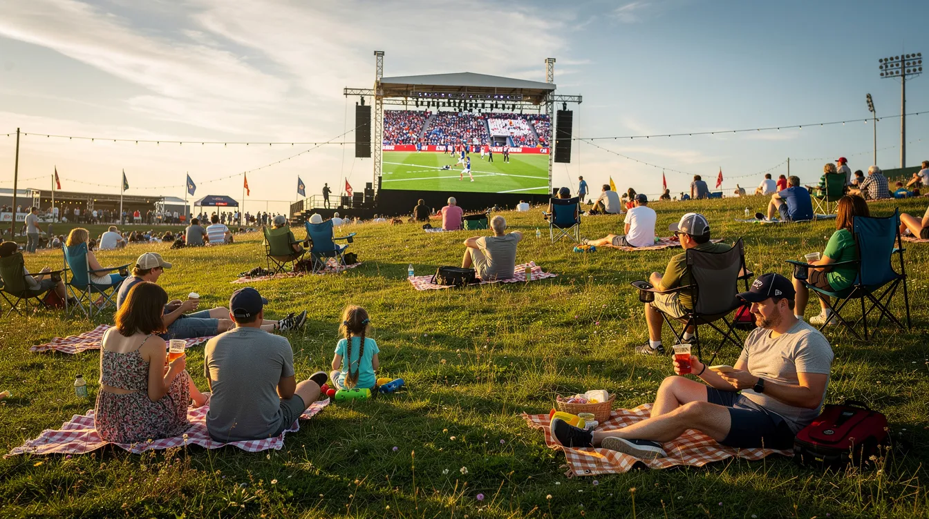 Spectators are lounging comfortably on a grassy hill, enjoying the summer sun while watching a large outdoor screen at a Wimbledon event. Many attendees are dressed in stylish outfits that adhere to the official dress code, showcasing a mix of "Wimbledon whites" and colorful accessories, creating a vibrant atmosphere as they cheer for the matches.