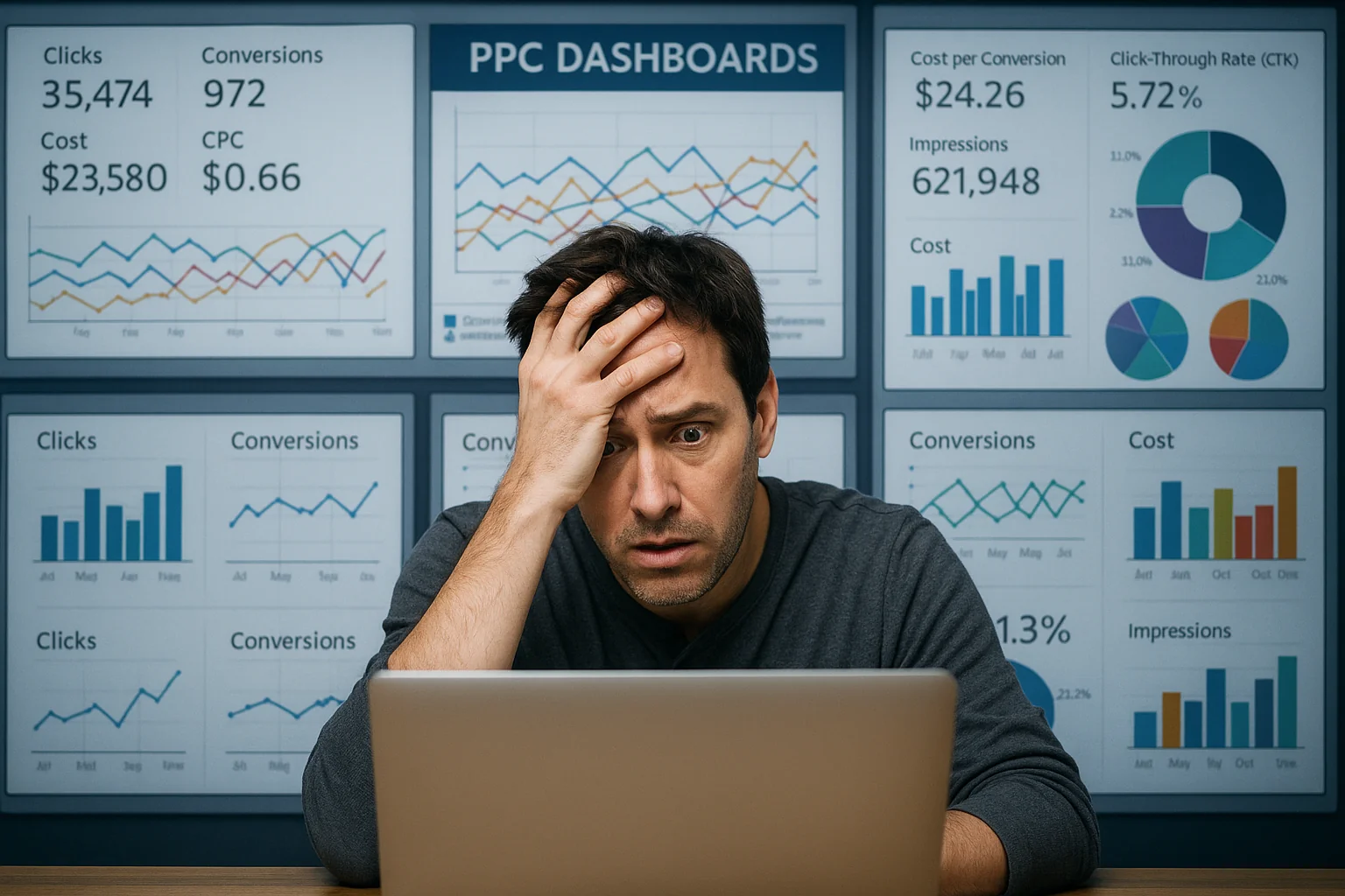 Solo advertiser managing PPC campaigns from a laptop without expert help.