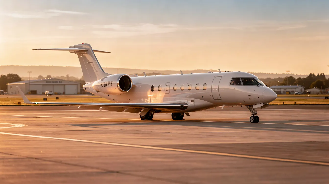 A sleek business jet is parked on the tarmac of a small private airport during golden hour, showcasing the elegance of corporate aviation. This scene reflects the lifestyle of corporate pilots and the exclusive destinations they often fly to, highlighting the allure of a career in the aviation industry.