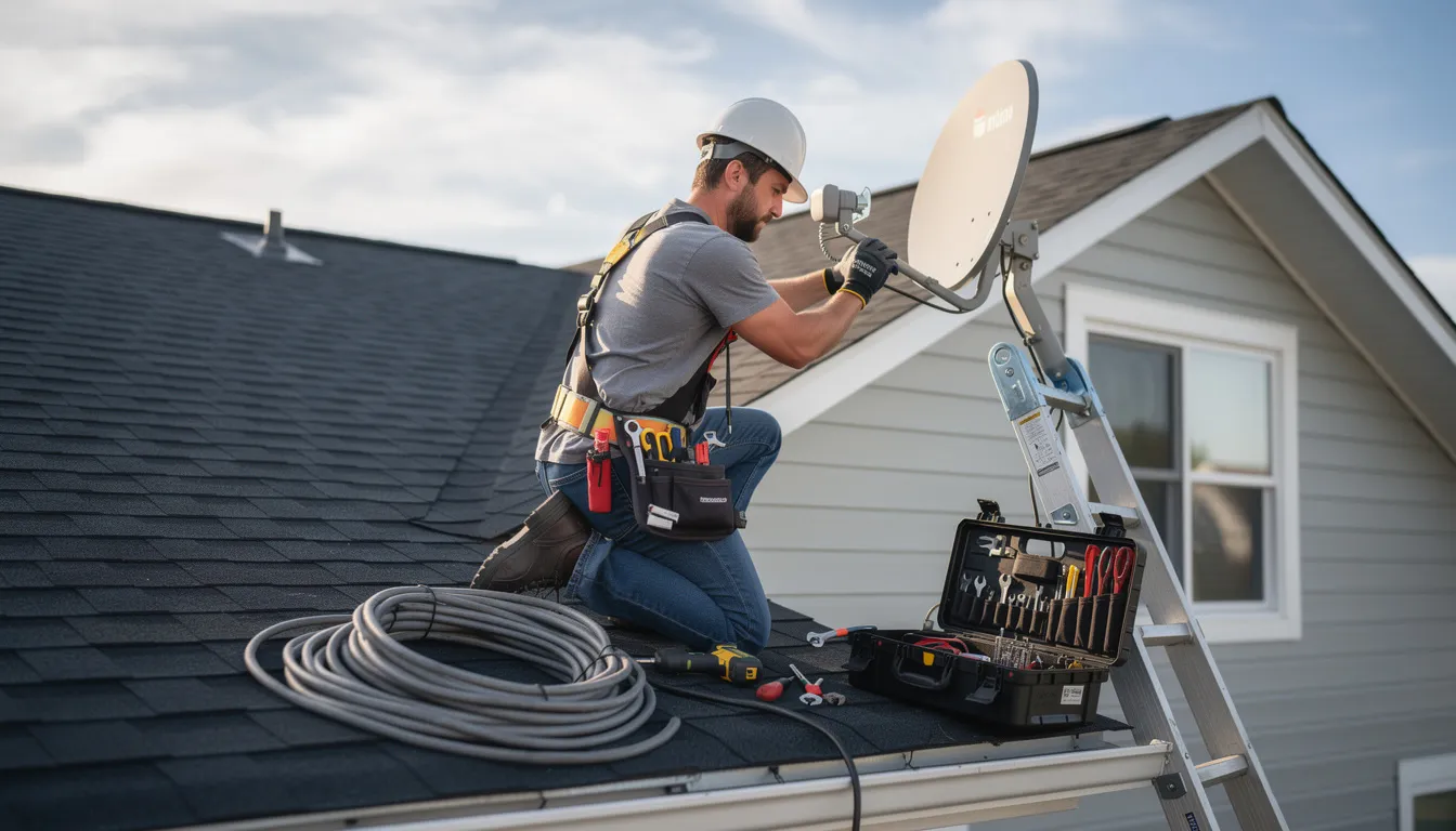 A professional technician is installing a satellite dish on a residential roof, equipped with various tools and equipment for the job. This scene highlights the expertise of accredited DSTV installers, ensuring optimal signal reception for the DSTV system.