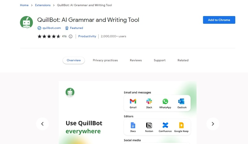 screenshot of quillbot chrome extension