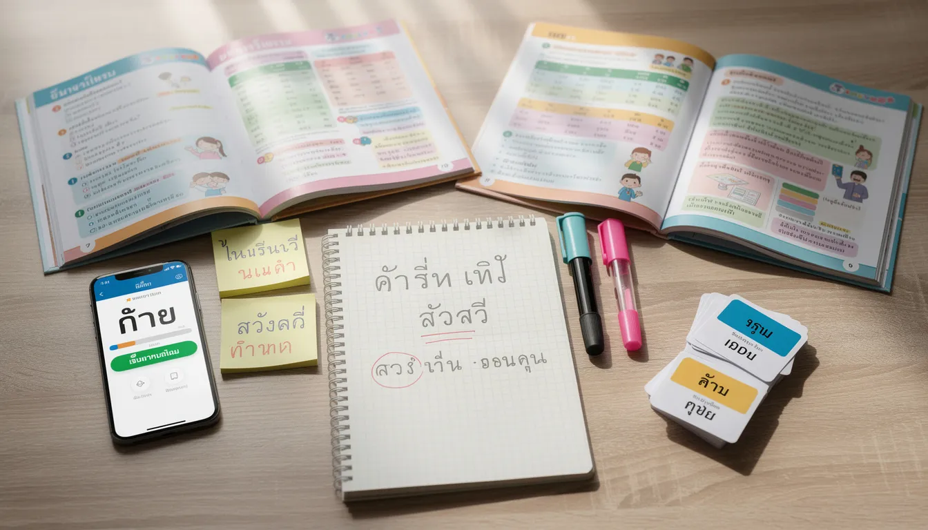 The image depicts a cluttered desk filled with various Thai language learning materials, including colorful books, smartphone apps displayed on a device, and notebooks filled with notes on Thai phrases and slang words. This setup reflects the vibrant culture of Thailand and the fun of learning new Thai words and pronunciation, making it an engaging environment for anyone eager to learn the language.