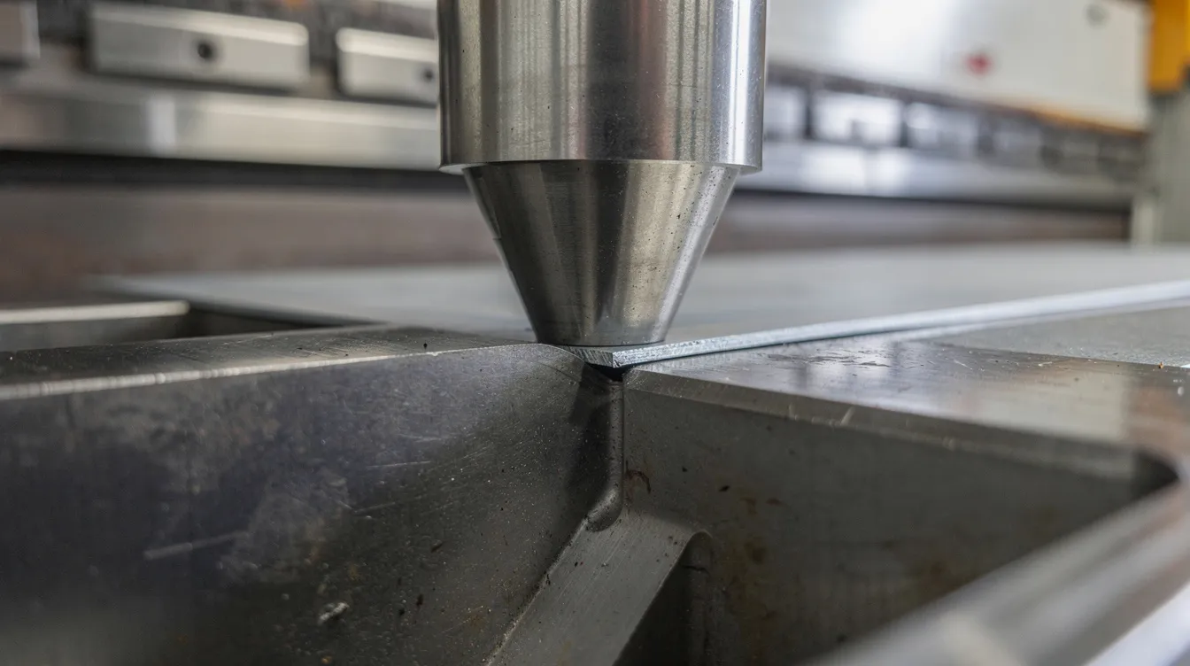 A close-up view of a V-die punch is shown forming a precise bend in a thin sheet metal piece on a press brake, highlighting the bending process and the tight tolerances achieved in the fabrication of sheet metal parts. The image captures the tool's interaction with the steel sheet, emphasizing the bending edge and the quality of the finished bend.
