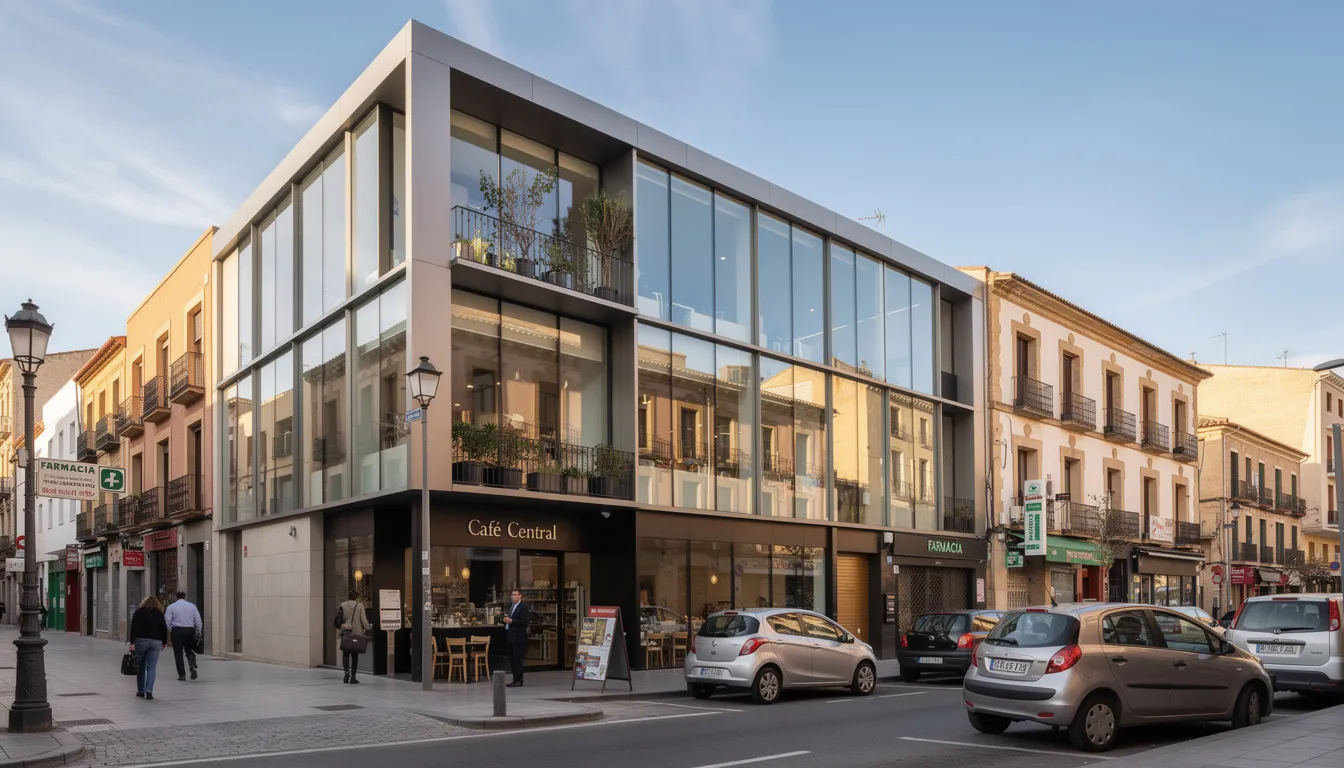 Imagen de un edificio de oficinas moderno en una ciudad española, con un diseño arquitectónico contemporáneo y grandes ventanales que reflejan el entorno urbano. Este espacio podría albergar empresas dedicadas al desarrollo web y marketing digital, donde se gestionan proyectos de creación de páginas web y presencia online.