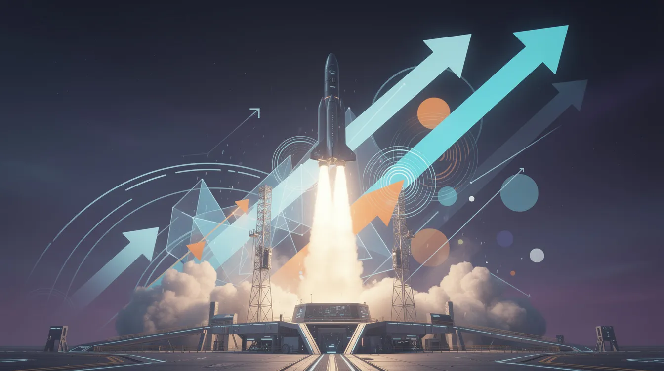 La imagen muestra un cohete despegando desde una plataforma, rodeado de formas geométricas abstractas que simbolizan el impulso y una trayectoria ascendente, lo que representa el afán por el crecimiento de la marca y las estrategias eficaces de marketing . Esta escena dinámica ilustra el potencial de crecimiento empresarial y la importancia de llegar a nuevos mercados y públicos.