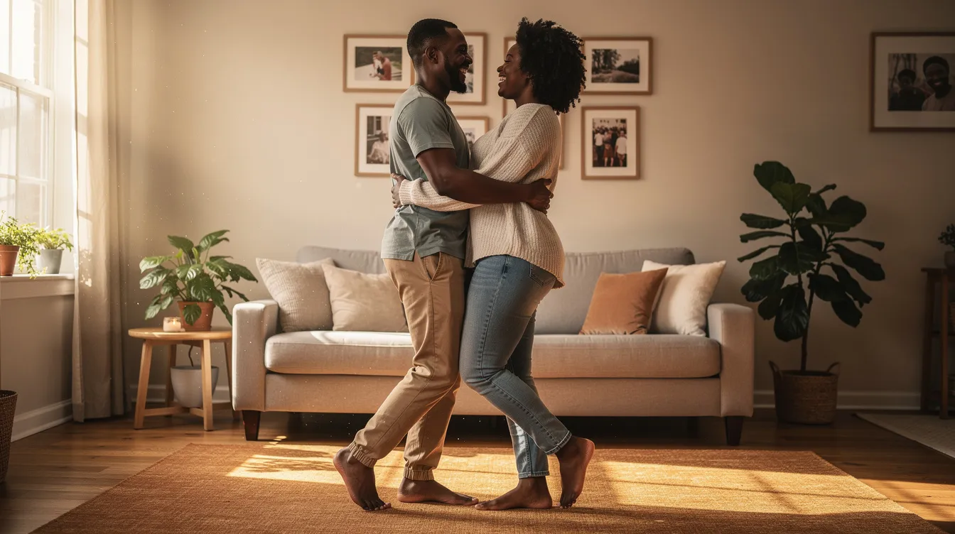 A joyful Black couple is dancing together in their living room, embodying a loving relationship filled with mutual respect and emotional intimacy. Their physical affection and shared happiness create a warm atmosphere, showcasing the strength of their committed partnership.