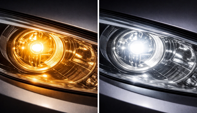 Halogen vs LED automotive bulb comparison showing color and brightness