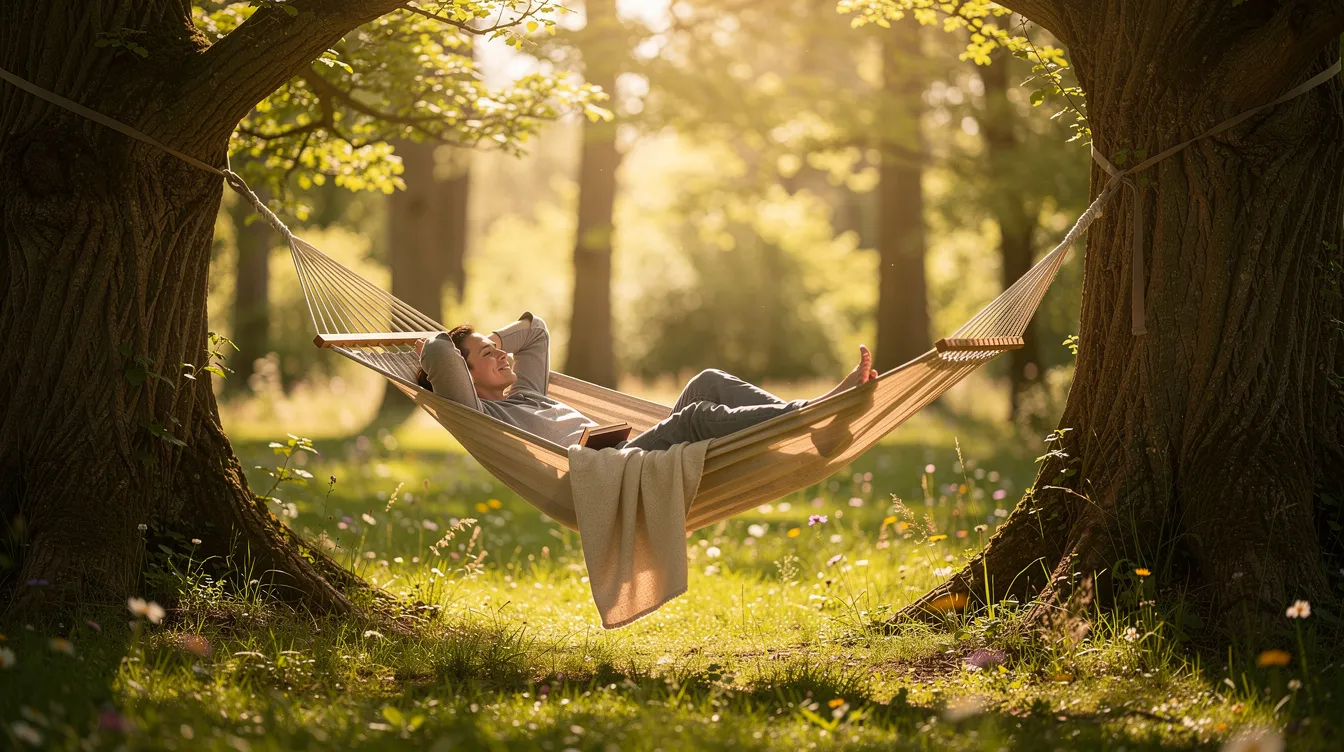 A person is comfortably lounging in a portable hammock suspended between two large trees in a sunny forest clearing, enjoying the outdoors. The hammock, supported by sturdy hammock straps, offers a perfect spot for a nap or relaxation amidst nature.