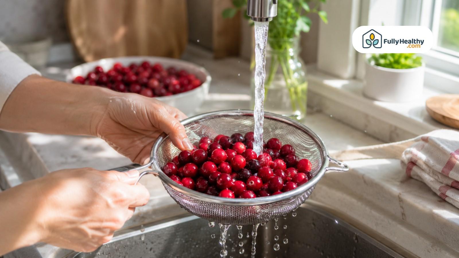 Fresh cranberries being rinsed in metal strainer under running kitchen water