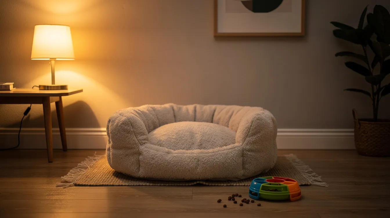 The image depicts a cozy indoor cat setup featuring a soft bed, a warm glowing lamp, and a small food puzzle toy on the floor, ideal for creating a calming environment for anxious cats. This setup promotes relaxation and play, making it a great choice for multi-cat households or for pets experiencing stress during vet visits.