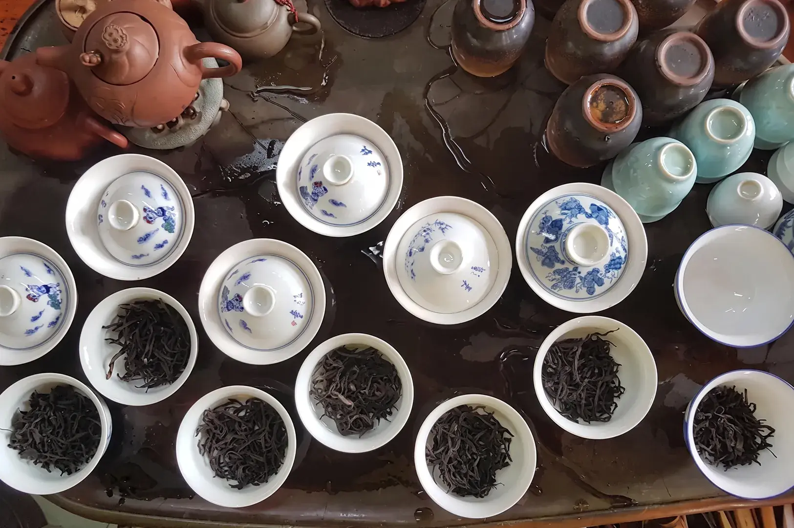 Traditional Chinese tea ceremony tray with blue-and-white gaiwans, clay teapots, and loose tea leaves.