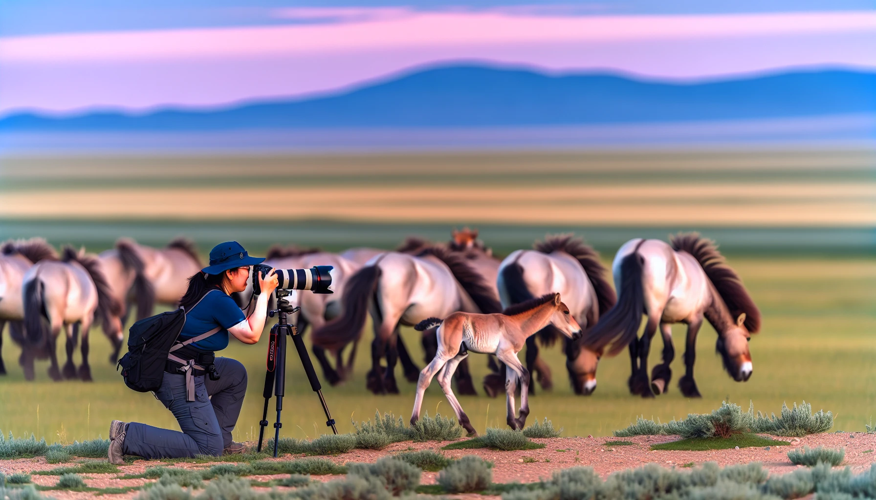 Photo of a photographer capturing images of the majestic Przewalski's horses