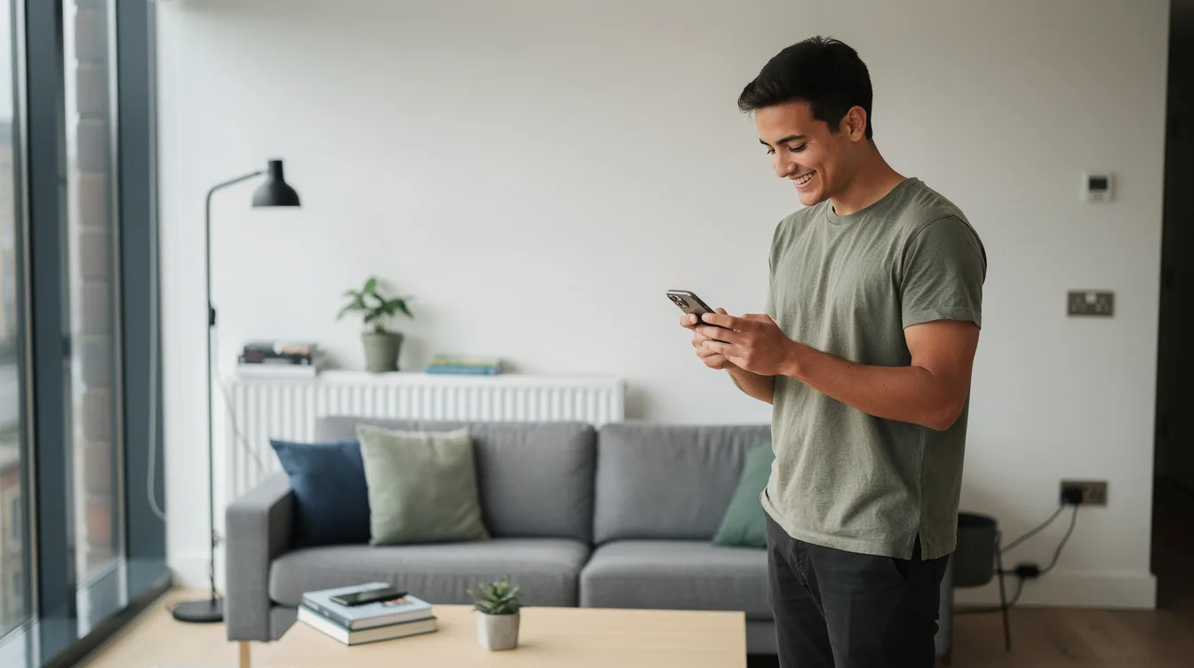 A person is smiling while looking at their phone in a modern UK apartment, possibly using a money transfer app to send money to Nigeria. The warm ambiance of the apartment suggests a comfortable space for online transactions and connecting with loved ones.