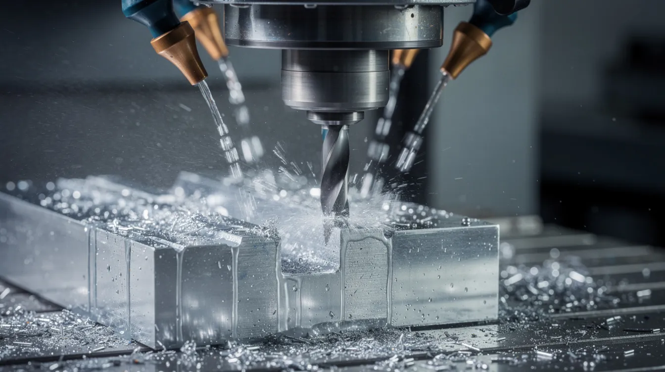 A close-up view of a CNC milling machine actively cutting an aluminum block, with coolant spraying over the workpiece to maintain optimal cutting conditions. This industrial-grade machine showcases precision engineering and high accuracy, essential for machining metal and producing prototypes with tight tolerances.