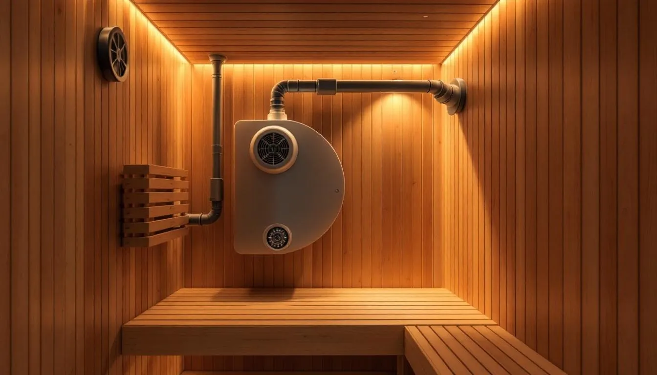 The image depicts a modern home sauna featuring sleek design elements, including infrared heating panels and a compact layout. It showcases the efficient heat management system typical of infrared saunas, highlighting the therapeutic benefits of far infrared heat for relaxation and muscle recovery.