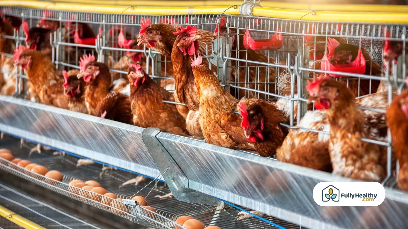 Chickens in factory cages laying eggs on automated conveyor system