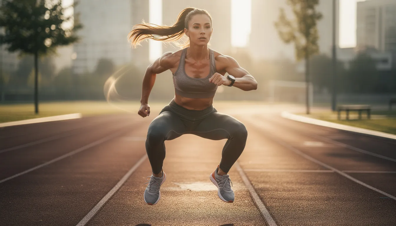 An athletic woman is engaged in high-intensity interval training outdoors, showcasing her commitment to improving her athletic performance and muscle strength. This scene highlights the benefits of regular exercise combined with dietary supplements like creatine, which can enhance muscle growth and recovery.