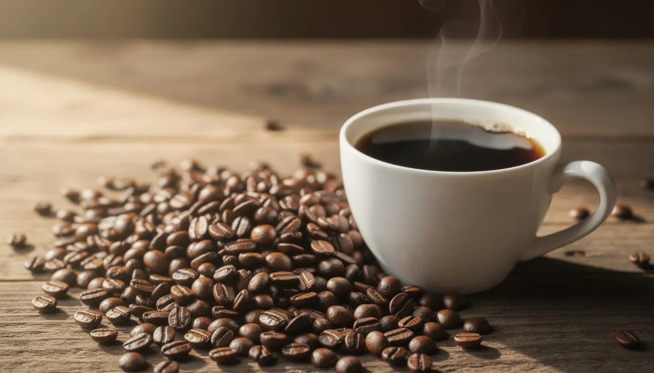 The image features scattered coffee beans around a steaming cup of black coffee, creating a warm and inviting scene. This composition highlights the rich aroma and energy-boosting properties of coffee, which can complement athletic performance and muscle recovery, especially when considering creatine supplementation and caffeine intake.