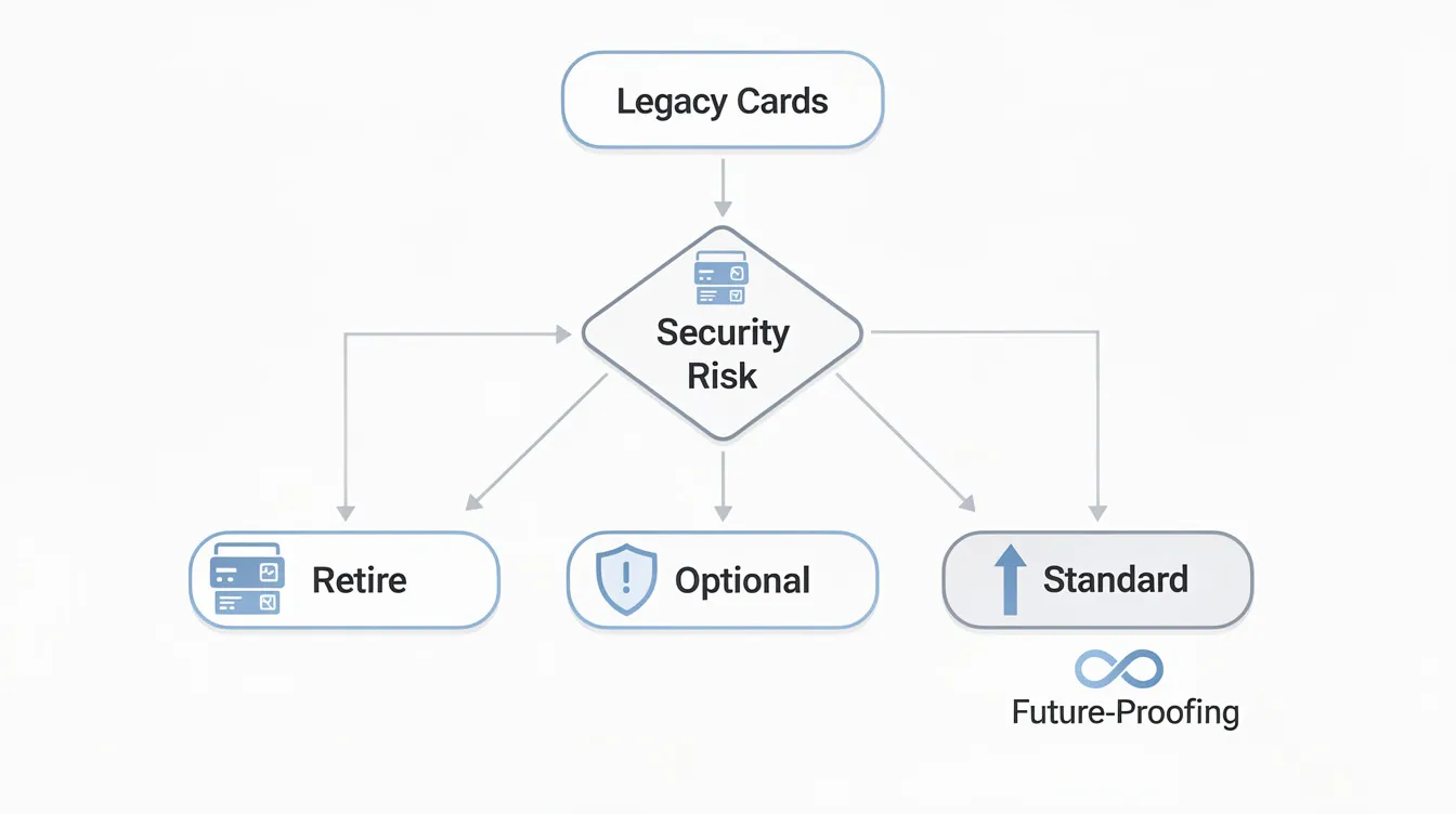 A professional infographic features a clean flow chart with icons representing "Legacy Cards," "Security Risk," and "Future-Proofing," all in muted corporate colors of blues and grays. The design emphasizes the logical flow of choices between "Retire," "Optional," and "Standard," illustrating a system that supports secure transactions involving magnetic stripe data and access control systems.