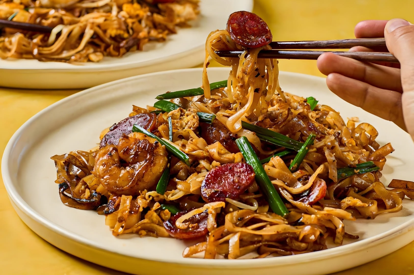 Close-up of a hand holding chopsticks, lifting a portion of stir-fried noodles with green onions and sausage. Another plate is visible in the background.