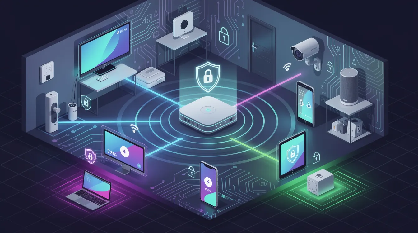A secure home network setup featuring a router and devices, emphasizing home network security for smart devices.