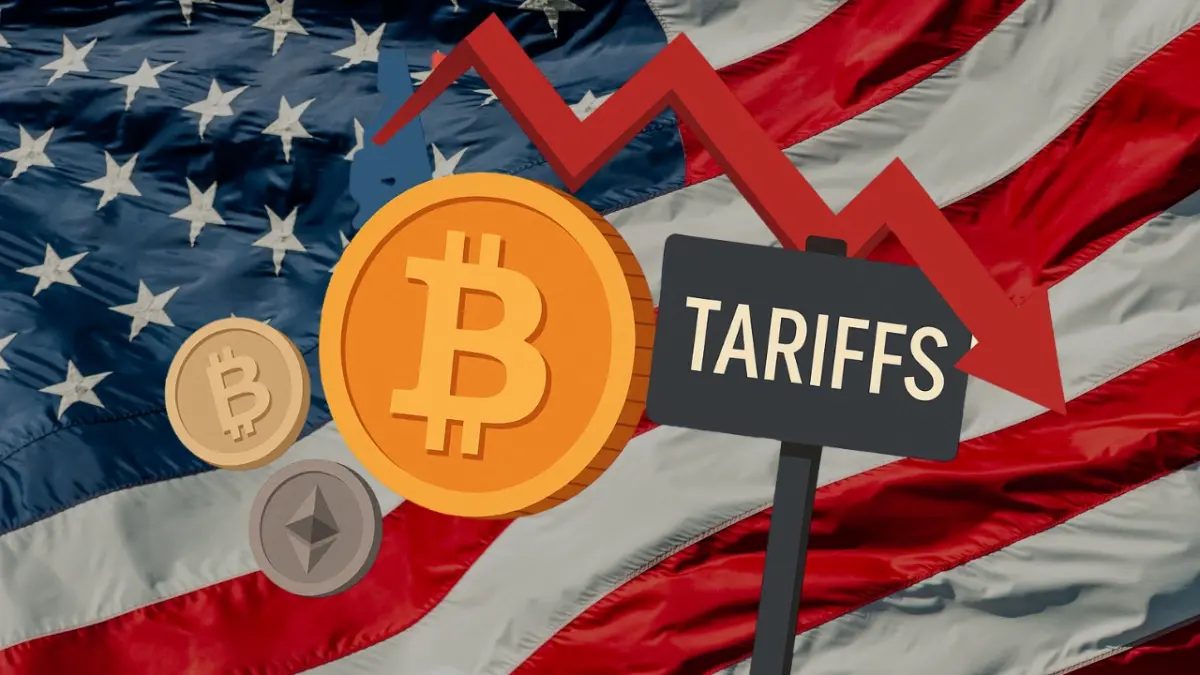 Image of US flag with bearish graph, bitcoin and ethereum logos