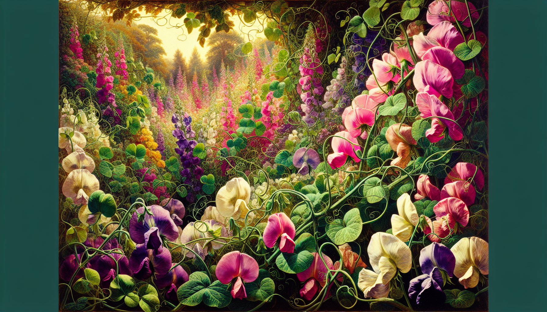 Illustration of colorful sweet peas in a garden