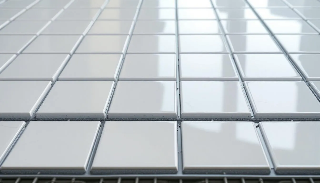 Na zdjęciu znajduje się proces instalacji płytek ceramicznych na ogrzewaniu podłogowym. Widać, jak płytki są układane na całej powierzchni podłogi, co zapewnia efektywne przewodzenie ciepła i komfort cieplny w pomieszczeniu.