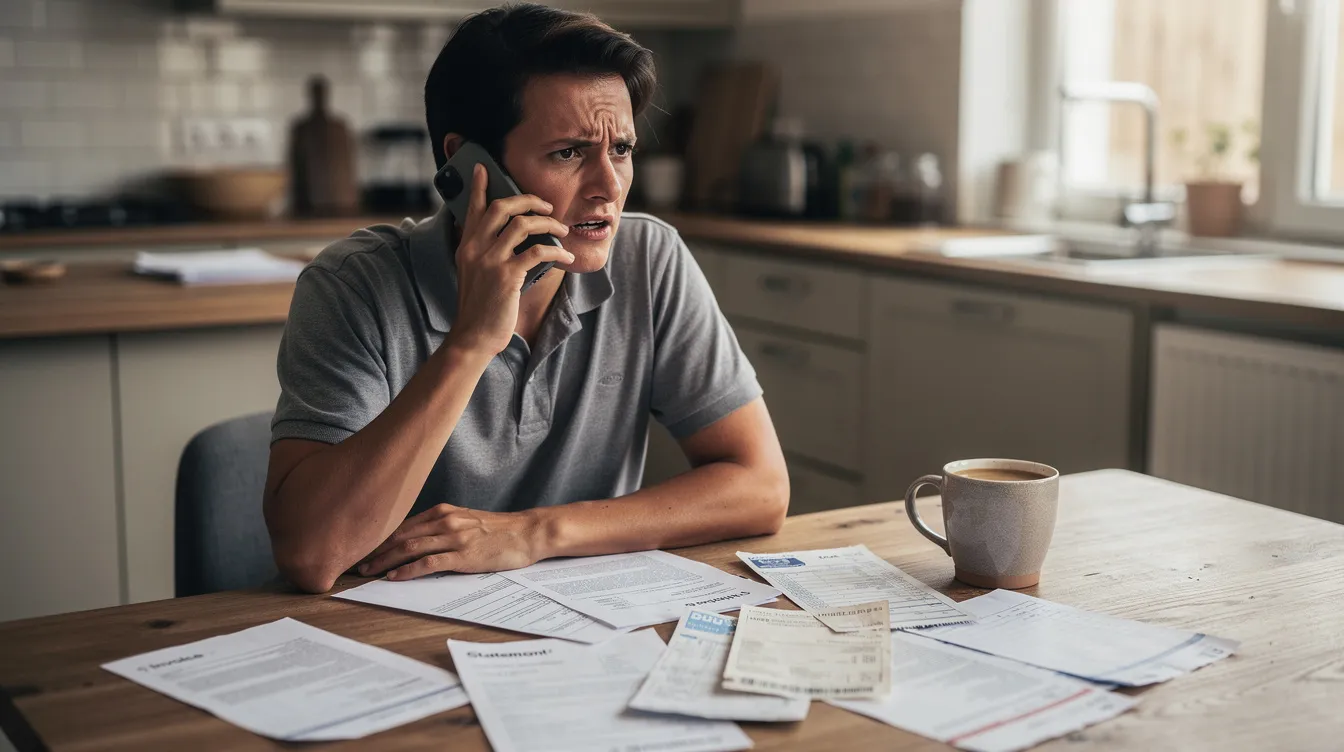 A person is seated at a kitchen table surrounded by papers, making a phone call, possibly discussing their social security disability claim or appealing a denial letter. The scene suggests they may be navigating the complexities of the appeals process for social security disability benefits.