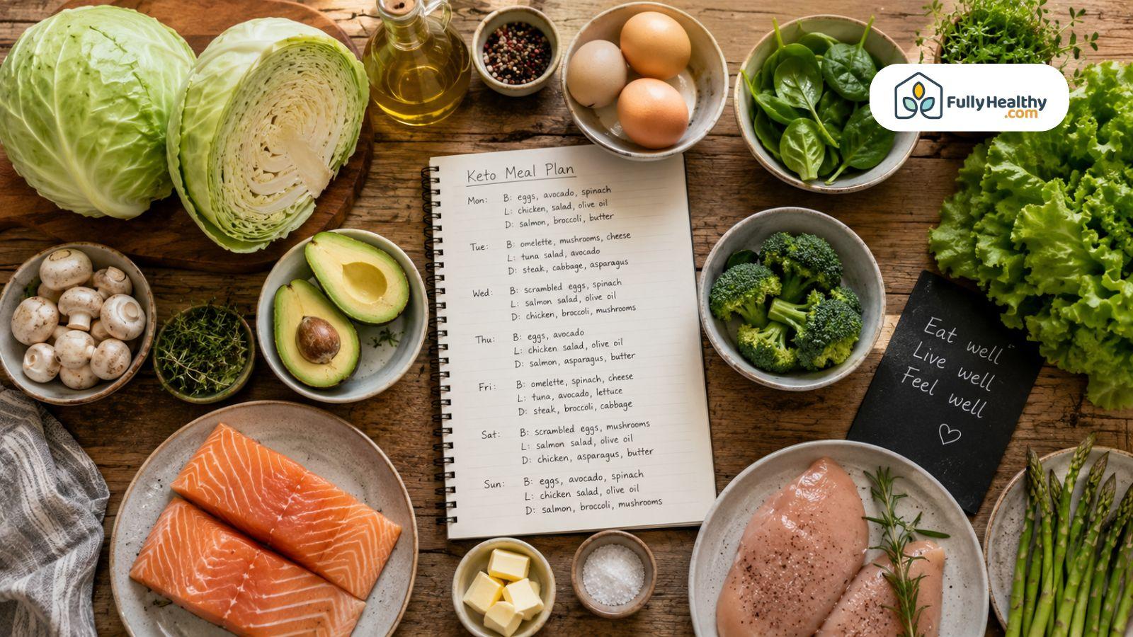 Keto meal plan with cabbage salmon avocado spinach and fresh vegetables flat lay