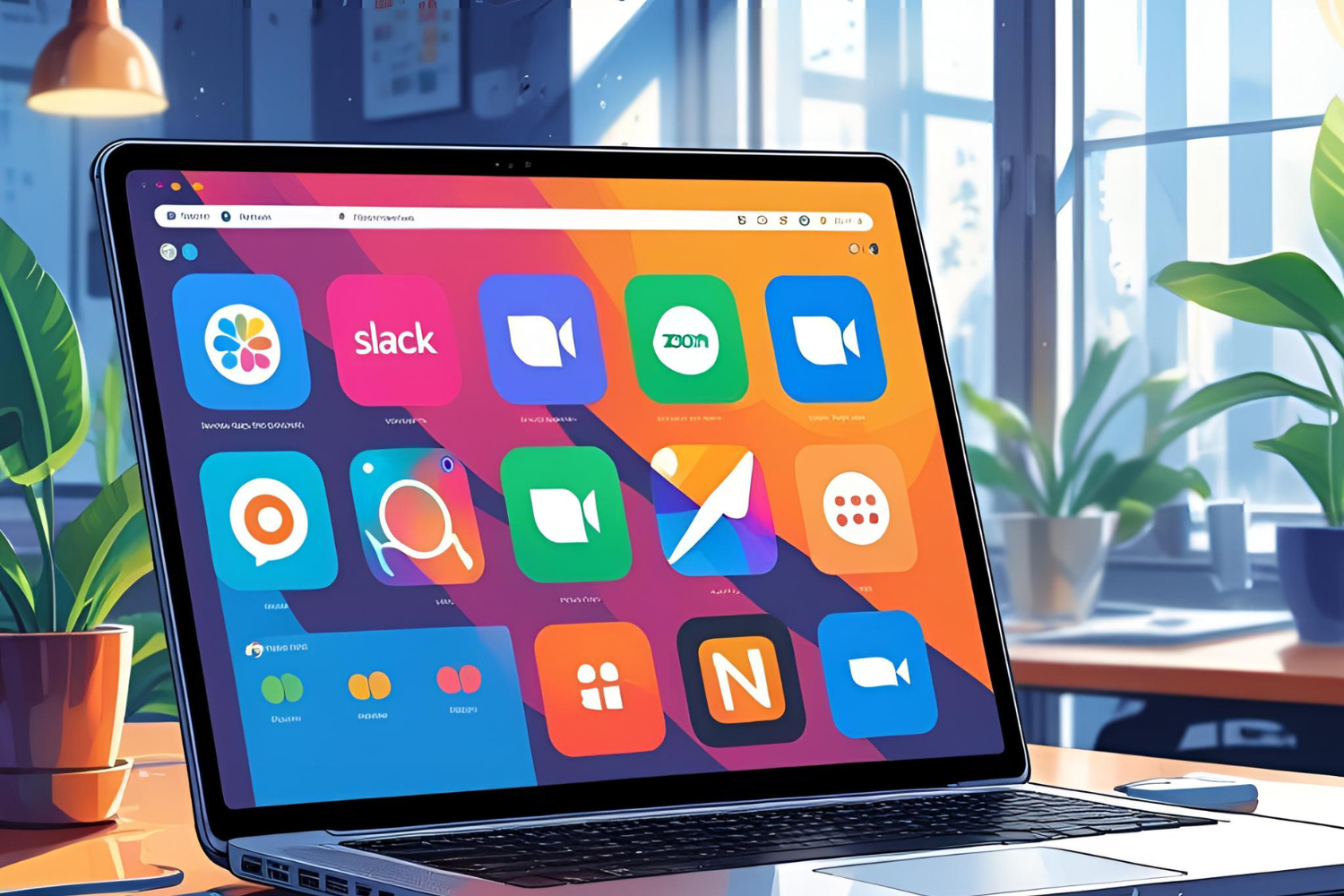 A dashboard of apps like Slack, Zoom, and Notion shown on laptop screen.