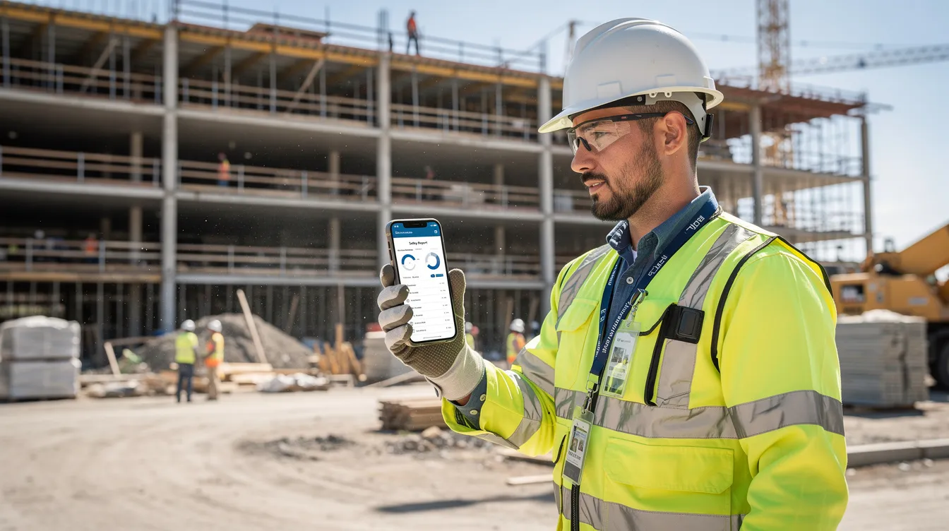 A foreman is reviewing safety data on a smartphone while standing in front of a partially constructed commercial building, highlighting the importance of construction safety management software in ensuring workplace safety and compliance with safety regulations. The scene emphasizes the role of safety managers in identifying potential hazards and maintaining safety standards on construction sites.