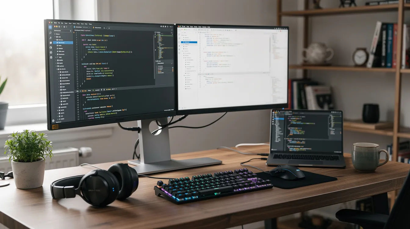 A developer workspace with code on two monitors