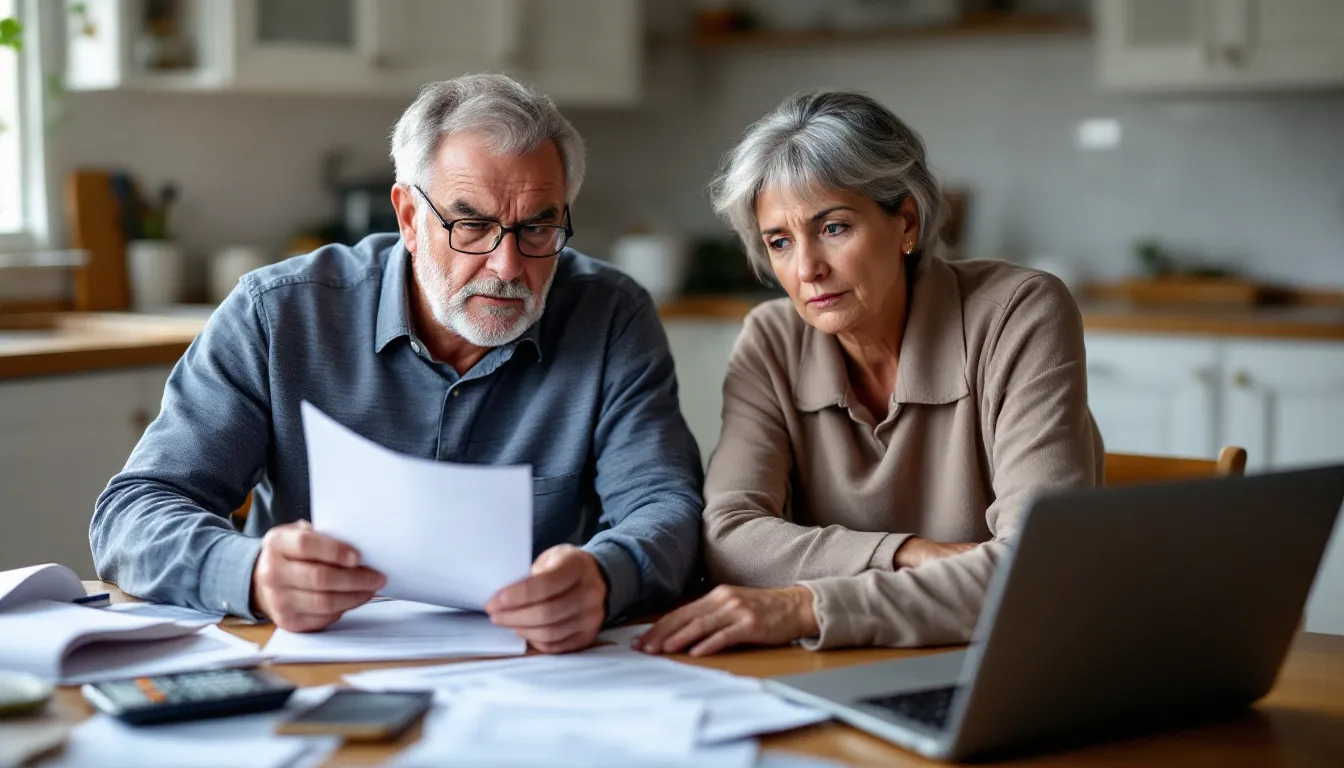 An elderly couple appears stressed as they sit at a table cluttered with financial statements and tax documents, discussing their retirement plan and the implications of their taxable income. They are likely concerned about how their pre-tax and Roth contributions will affect their annual income and tax savings.