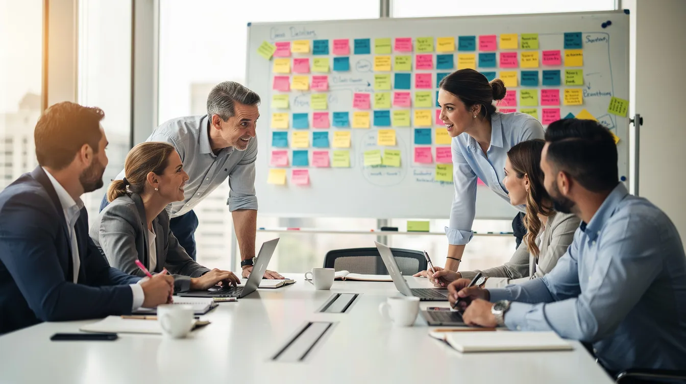 Une image montre un groupe diversifié de professionnels collaborant autour d'une table, entourés de notes autocollantes colorées et d'un tableau blanc derrière eux. Cette scène illustre l'intelligence collective en milieu professionnel, mettant en avant la co-création, la prise de décision collective et la diversité des points de vue pour résoudre des problèmes.
