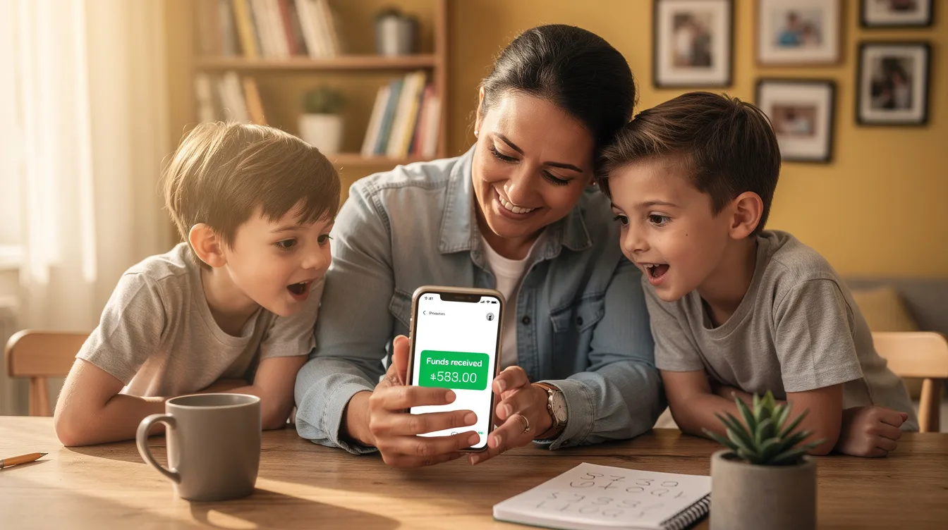 A joyful family is gathered around a table at home, smiling as they receive financial support on a mobile phone, likely related to their Bank Alfalah Roshan Digital Account. The scene captures a moment of togetherness and relief as they engage with the app to view their finances.