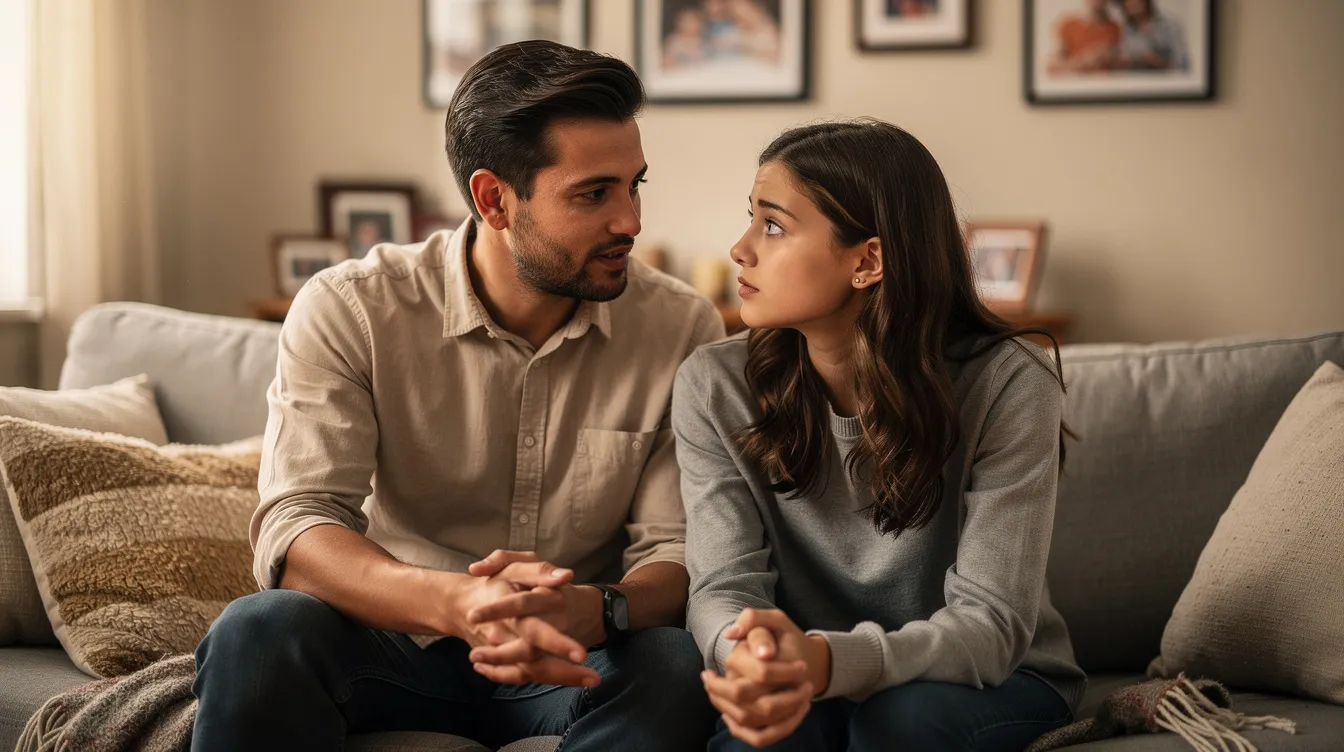 A parent sits beside a tired teenager on a couch, engaging in a calm and supportive conversation about the challenges of sleep disorders and mental health issues that many teenagers face. The scene reflects a nurturing environment where they discuss the importance of quality sleep and managing energy levels to combat feelings of extreme fatigue.