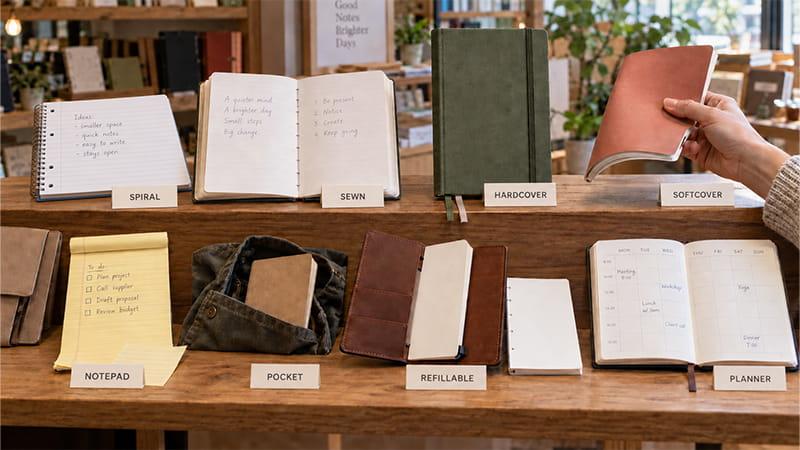Eight labeled notebook styles displayed for comparison, including a standard side-bound spiral notebook, sewn notebook, hardcover, softcover, notepad, pocket notebook, refillable notebook, and planner.
