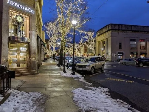 Greenwich Avenue, home to award winning restaurants and shopping; in festive lights and sparkling snow, close to Stanton House Inn, a cozy bed and breakfast for a romantic winter getaway in CT