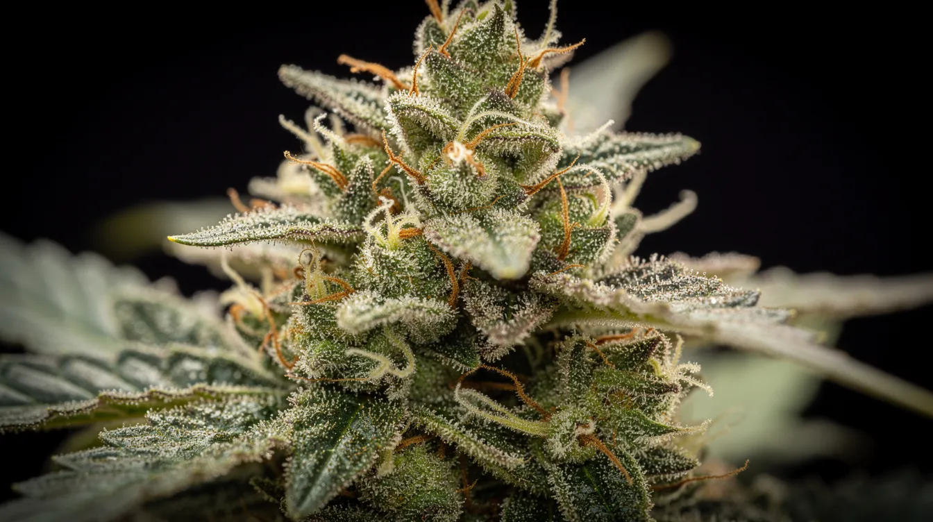 A close-up view of dense, frosty cannabis buds featuring vibrant orange pistils set against a dark background, showcasing the strain's rich texture and quality. This image highlights the strawberry cheesecake strain, known for its sweet aroma and relaxing effects, making it a popular choice among users for evening use.